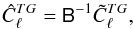 \begin{equation} \label{eq:pcaps} \hat{C}_{\ell}^{{TG}} = \tens{B}^{-1}\tilde{C}_{\ell}^{{TG}}, \end{equation}