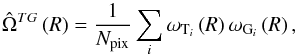 \begin{equation} \hat{\Omega}^{{TG}}\left(R\right) = \frac{1}{N_\mathrm{pix}}\sum_{i}\omega_{{\rm T}_i}\left(R\right) \omega_{{\rm G}_i}\left(R\right), \label{eq:smhwcov} \end{equation}