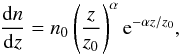 \begin{equation} \frac{\mathrm{d}n}{\mathrm{d}z} = n_0 \left( \frac{z}{z_0} \right)^\alpha {\rm e}^{-\alpha z / z_0} , \label{eqn:bias} \end{equation}