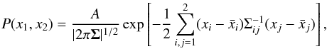 \appendix \setcounter{section}{2} \begin{equation} \label{eq:2dGaussian} P(x_1,x_2) = \frac{A}{|2\pi\vec{\Sigma}|^{1/2}}\exp\left[-\frac12\sum_{i,j=1}^{2}(x_i-{\bar x}_i)\Sigma^{-1}_{ij}(x_j-{\bar x}_j)\right], \end{equation}