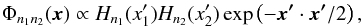 \appendix \setcounter{section}{2} \begin{equation} \Phi_{n_1n_2}(\vec{x}) \propto H_{n_1}({x_1'}) H_{n_2}({x_2'}) \exp\left(-\vec{x'}\cdot \vec{x'}/2\right), \end{equation}