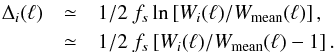 \appendix \setcounter{section}{7} \begin{eqnarray} \Delta_i(\ell) &\simeq& 1/2 \ \bsfudge \ln\left[W_i(\ell)/\Wmean(\ell)\right], \nonumber \\ \ &\simeq& 1/2 \ \bsfudge \left[W_i(\ell)/\Wmean(\ell) - 1\right]. \end{eqnarray}