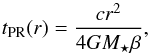 \begin{equation} \label{eq:t_P--R} t\sub{PR}(r) = \frac{ c r^2 }{ 4 G M\sub{\star} \beta }, \end{equation}