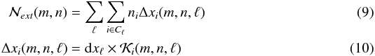 \begin{eqnarray} \label{N_discret0} \mathcal{N}_{ext}(m,n) &=& \sum_{\ell} \sum_{i \in C_\ell} n_i \Delta x_i (m, n, \ell) \\ \label{deltax} \Delta x_i (m, n, \ell) &=& {\rm d}x_\ell \times \mathcal{K}_i(m,n,\ell) \end{eqnarray}