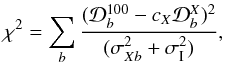 \begin{equation} \chi^2 = \sum_b{( {\cal D}_b^{100} - c_X{\cal D}_b^X)^2 \over (\sigma_{Xb}^2 + \sigma_{\rm I}^2) }, \label{D1} \end{equation}