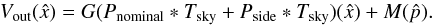 \appendix \setcounter{section}{2} \begin{equation} \Vout(\xhat) = G(\Pnominal\ast\Tsky + \Pside\ast\Tsky)(\xhat) + M(\phat). \end{equation}