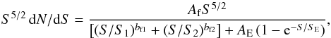 \begin{equation} S^{5/2}\,{\rm d}N/{\rm d}S = {A_{\rm f} S^{5/2} \over \left[ (S/S_1)^{b_{\rm f1}} + (S/S_2)^{b_{\rm f2}}\right] + A_{\rm E} \, (1 - {\rm e}^{-S/S_{\rm E}})}, \end{equation}