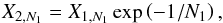 \begin{equation} X_{2,N_1} = X_{1,N_1} \exp \left(-1/N_1 \right), \end{equation}