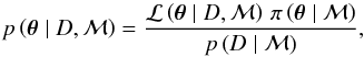 \begin{equation} p\left( \boldsymbol{\theta} \mid D, \mathcal{M} \right) = \frac{\mathcal{L} \left( \boldsymbol{\theta} \mid D, \model \right) \, \prior}{p \left( D \mid \mathcal{M} \right)}, \label{eq:bayes} \end{equation}