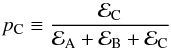 \begin{equation} p_\mathrm{C} \equiv \frac{\evid_\mathrm{C}}{\evid_\mathrm{A} + \evid_\mathrm{B} + \evid_\mathrm{C}} \label{eq:p_C3} \end{equation}
