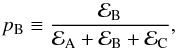 \begin{equation} p_\mathrm{B} \equiv \frac{\evid_\mathrm{B}}{\evid_\mathrm{A} + \evid_\mathrm{B} + \evid_\mathrm{C}}, \label{eq:p_B3} \end{equation}