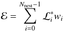 \begin{equation} \evid = \sum^{\nnest - 1}_{i=0} \constr_i w_i \, \label{eq:sum_evidence} \end{equation}