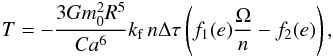 \begin{eqnarray} \torque = - \frac{3 G \M^2 R^5}{C a^6} \kf \, n \Delta \tau \left( f_1(e) \frac{\om}{n} - f_2(e) \right) , \label{131119b} \end{eqnarray}