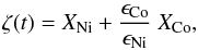 \begin{eqnarray} \zeta(t)= X_{\rm Ni}+\frac{\epsilon_{\rm Co}}{\epsilon_{\rm Ni}} \ X_{\rm Co} , \end{eqnarray}