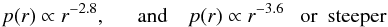 \begin{equation} p(r) \propto r^{-2.8}, ~~~~~~{\rm and} ~~~~ p(r) \propto r ^{-3.6} ~~~ {\rm or} ~~ {\rm steeper} \end{equation}