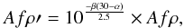 \begin{equation} Af\rho\prime=10^{\frac{-\beta(30-\alpha)}{2.5}}\times Af\rho , \end{equation}