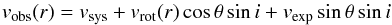 \begin{equation} \label{eq:vrot} v_{\rm{obs}}(r)=v_{\rm{sys}}+v_{\rm{rot}}(r)\cos\theta\sin i+v_{\rm{exp}}\sin\theta\sin i \end{equation}