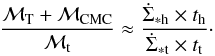 \begin{equation} \label{eq} \frac{\mathcal{M}_{\rm T}+\mathcal{M}_{\rm CMC}}{\mathcal{M}_{\rm t}}\approx\frac{\dot{\Sigma}_{\rm *h}\times t_{\rm h}}{\dot{\Sigma}_{\rm *t}\times t_{\rm t}}\cdot \end{equation}