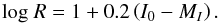 \begin{equation} \mathrm{log}\ R= 1+0.2\left(I_{0}-M_{I}\right). \end{equation}