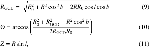 \begin{eqnarray} &&R_{\rm GCD}=\sqrt{R_{0}^{2}+ R^2 \cos^2b-2RR_{0}\cos l \cos b} \\[2mm] \label{eq:theta} &&\Theta=\arccos\left(\frac{R_{0}^{2}+R_{\rm GCD}^{2}-R^2\cos^2b} { 2R_{ \rm GCD }R_{0} }\right) \\[2mm] && Z=R \sin l , \end{eqnarray}