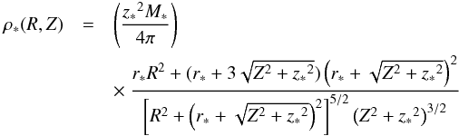 \begin{eqnarray} \label{stdisk} \rho_{*}(R,Z)&=&\left(\frac{{z_{*}}^2 M_{*}}{4 \pi}\right)\nonumber\\ &&\times~\frac{r_{*} R^2+(r_{*}+3\sqrt{Z^2+{z_{*}}^2})\left(r_{*}+\sqrt{Z^2+{z_{*}}^2}\right)^2} {\left[R^2+\left(r_{*}+\sqrt{Z^2+{z_{*}}^2}\right)^2\right]^{5/2}\left(Z^2+{z_*}^2\right)^{3/2}} \end{eqnarray}