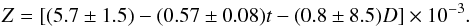 \begin{equation} Z=[(5.7\pm 1.5)-(0.57\pm 0.08)t-(0.8\pm 8.5)D]\times10^{-3}. \end{equation}