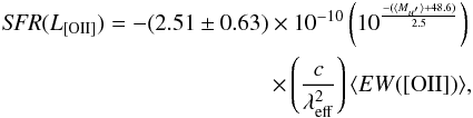 \begin{eqnarray} \label{eqn:SFROII} \textit{SFR}(L_{\rm [OII]}) = -(2.51\pm0.63)\times10^{-10}\left(10^{\frac{-(\langle M_{u^{\prime}} \rangle +48.6)}{2.5}}\right)\nonumber\\ \times \left(\frac{c}{\lambda_{\rm eff}^2}\right) \langle EW([{\rm OII}]) \rangle, \end{eqnarray}