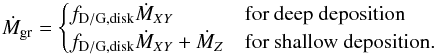 \begin{equation} \label{eq:grainaccrationrate} \dot{M}_{\rm gr} = \begin{cases} f_{\rm D/G, disk} \dot{M}_{XY}& \textrm{for deep deposition} \\ f_{\rm D/G, disk} \dot{M}_{XY} +\dot{M}_{Z} & \text{for shallow deposition.} \end{cases} \end{equation}