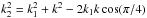 \hbox{$k_2^2=k_1^2 +k^2-2k_1k \cos(\pi/4)$}