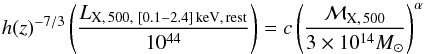 \appendix \setcounter{section}{2} \begin{equation} h(z)^{-7/3}\left( \frac{L_{{\rm X},\, 500,\, \,[0.1{-}2.4] \, \rm{keV}, \,rest}}{10^{44}} \right) = c\left(\frac{\mathcal{M}_{{\rm X},\, 500}}{3\times10^{14} M_{\odot}}\right)^{\alpha}\label{eqn:LXmass} \end{equation}
