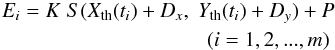 \begin{eqnarray} E_i= K \; S(X_{\rm th}(t_i) + D_x, \; Y_{\rm th}(t_i)+ D_y) +P \\ (i=1,2, ... , m) \; \nonumber \end{eqnarray}
