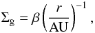 \begin{eqnarray} \Sigma_{\rm g} = \beta \left( \frac{r}{\rm AU} \right)^{-1}, \end{eqnarray}