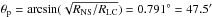 \hbox{$\theta_{\rm p}=\arcsin(\sqrt{R_{\mathrm{NS}}/R_{\mathrm{LC}}})=0.791^{\circ}=47.5'$}