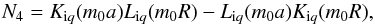 \begin{equation} {{N}_{4}}={{K}_{{\rm i}q}}({{m}_{0}}a){{L}_{{\rm i}q}}({{m}_{0}}R)-{{L}_{{\rm i}q}}({{m}_{0}}a){{K}_{{\rm i}q}}({{m}_{0}}R), \end{equation}