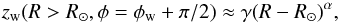 \begin{equation} z_{\rm w}(R>R_\odot,\phi=\phi _{\rm w}+\pi /2)\approx \gamma (R-R_\odot )^{\alpha } \label{zwmax} , \end{equation}
