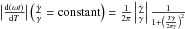 \hbox{$\left|\frac{{\rm d}(\omega t)}{{\rm d}T}\right|\left(\frac{\dot {\gamma}}{\gamma }={\rm constant}\right)=\frac{1}{2\pi }\left|\frac{\dot {\gamma}}{\gamma }\right|\frac{1} {1+\left(\frac{T\dot {\gamma}}{2\pi \gamma}\right)^2}$}