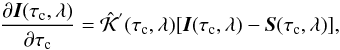 \begin{equation} \frac{\partial \ve{I}(\tau_{\rm c},\lambda)}{\partial \tau_{\rm c}} = \hat{\mathcal{K}}^{'}(\tau_{\rm c},\lambda)[\ve{I}(\tau_{\rm c},\lambda)-\ve{S}(\tau_{\rm c},\lambda)] , \label{equation:rtet} \end{equation}