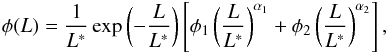 \begin{eqnarray*} \phi(L)=\frac{1}{L^{\ast}}\exp\left( -\frac{L}{L^{\ast}} \right) \left[ \phi_1 \left( \frac{L}{L^{\ast}} \right)^{\alpha_1} + \phi_2 \left( \frac{L}{L^{\ast}} \right)^{\alpha_2} \right], \end{eqnarray*}