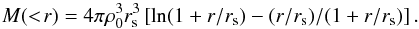 \begin{equation} \label{eq:nfw} M(<\!r)=4\pi\rho_{0}^{3}r_{\rm s}^3\left[\ln(1+r/r_{\rm s})-(r/r_{\rm s})/(1+r/r_{\rm s})\right]. \end{equation}