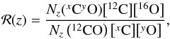 \begin{equation} \mathcal{R}(z)=\frac{N_z({}^{x}_{}{\rm C}{}^{y}_{}{\rm O})\big[{\rm {}^{12}_{}C}\big]\big[{\rm {}^{16}_{}O}\big]}{N_z\left({\rm {}^{12}_{}CO}\right)\big[{}^{x}_{}{\rm C}\big]\big[{}^{y}_{}{\rm O}\big]}, \label{cum_dens} \end{equation}