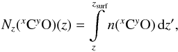 \begin{equation} N_z({}^{x}_{}{\rm C}{}^{y}_{}{\rm O})(z)=\int\limits_{z}^{z_{\rm surf}} n({}^{x}_{}{\rm C}{}^{y}_{}{\rm O}) \, \text{d}z' , \label{ccd}\vspace*{-2mm} \end{equation}