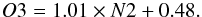 \begin{eqnarray} O3=1.01\times N2 + 0.48. \end{eqnarray}