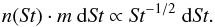 \begin{equation} \label{stokesdistr} n({\it St})\cdot m\ {\rm d}{\it St} \propto {\it St}^{-1/2}\ {\rm d}{\it St}. \end{equation}