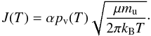 \begin{equation} \label{eq:subl} J( T ) = \alpha p\sub{v}( T ) \sqrt{ \frac{ \mu m\sub{u} }{ 2 \pi k\sub{B} T } }\cdot \end{equation}