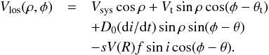 \begin{eqnarray*} V_{\rm los}(\rho,\phi) &=& V_{\rm sys} \cos \rho + V_{\rm t} \sin \rho \cos (\phi - \theta_{\rm t}) \\ &&+ D_0 ({\rm d}i/{\rm d}t) \sin \rho \sin (\phi - \theta) \\ &&- s V(R) f \sin i \cos(\phi - \theta). \end{eqnarray*}