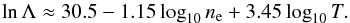\begin{equation} \ln\Lambda \approx 30.5 - 1.15\log_{10} n_{\rm e} + 3.45 \log_{10} T. \end{equation}