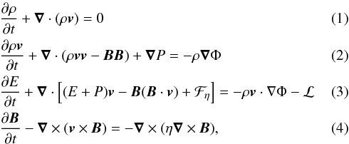 \begin{eqnarray} &&\frac{\partial \rho}{\partial t}+\vec{\nabla} \cdot (\rho \vec{v}) = 0 \\ &&\frac{\partial \rho \vec{v}}{\partial t}+\vec{\nabla} \cdot (\rho \vec{v} \vec{v} - \vec{B} \vec{B}) + \vec{\nabla} P = -\rho \vec{\nabla} \Phi \\ \label{energy_eq2}&&\frac{\partial E}{\partial t}+\vec{\nabla} \cdot \left[ (E+P) \vec{v} - \vec{B} (\vec{B} \cdot \vec{v}) + {\cal F_{\eta}} \right] = -\rho\vec{v}\cdot\nabla \Phi -{\cal L} \\ \label{induc}&&\frac{\partial {\vec B}}{\partial t} - \vec{\nabla} \times (\vec{v} \times \vec{B}) = - \vec{\nabla} \times (\eta \vec{\nabla} \times \vec{B}), \end{eqnarray}