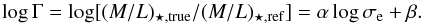 \begin{equation} \log \Gamma = \log [(M/L)_{\star,{\rm true}}/(M/L)_{\star,{\rm ref}}] = \alpha \log \sigma_{\rm e} + \beta. \label{gamma} \end{equation}