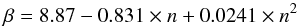 \begin{equation} \beta = 8.87 - 0.831 \times n + 0.0241 \times n^{2} \label{beta3} \end{equation}