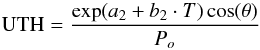 \begin{equation} {\rm UTH}=\frac{\exp(a_{2}+b_{2}\cdot T)\cos(\theta)}{P_{o}}\label{eq:UTH - T} \end{equation}